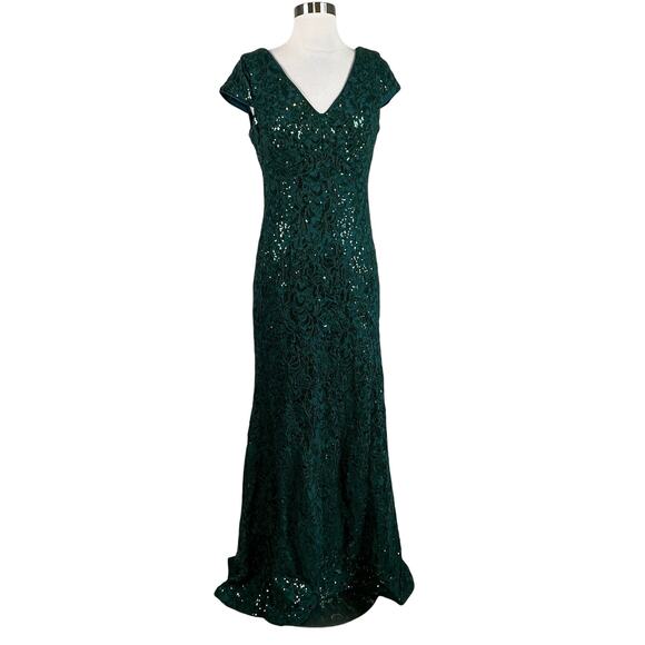 R&M Richards Women's Formal Dress Size 6 Green Sequined Lace Short Sleeve Gown - Picture 1 of 12